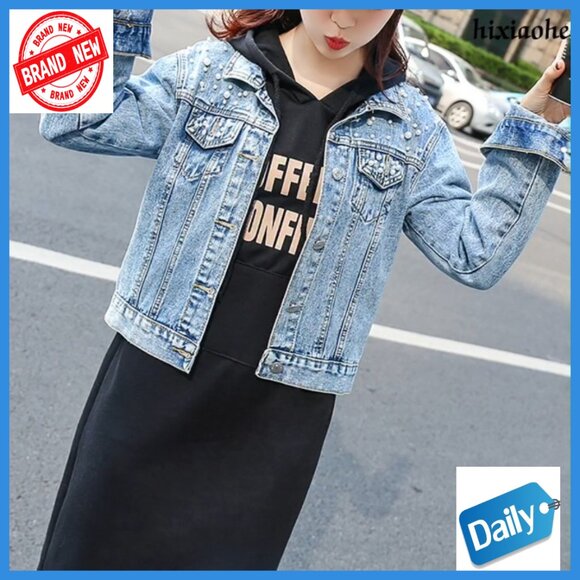 Loose Fit Cropped Denim Jacket with Pearl Beading and Vintage Style - Picture 6 of 6